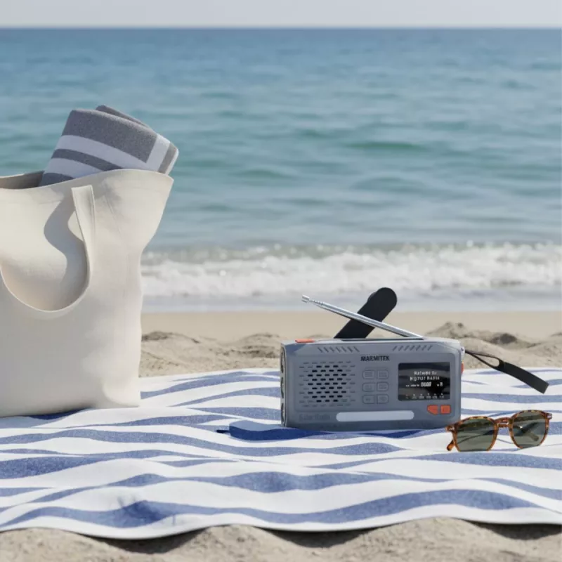 Portatīvais uztīšanas radio Marmitek RESQ 100 — DAB/DAB+/FM, 3 W, LCD, USB-C, 3.5 mm ligzda, gaiši pelēks
