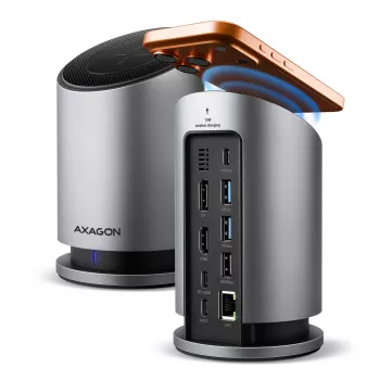 AXAGON HMC-WL9 USB-C 9‑in‑1 Docking Hub ar 10 Gbps, 100W PD, 8K HDMI, Ethernet, Bezvadu uzlādi