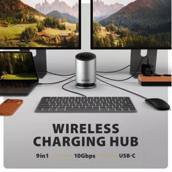 AXAGON HMC-WL9 USB-C 9‑in‑1 Docking Hub ar 10 Gbps, 100W PD, 8K HDMI, Ethernet, Bezvadu uzlādi