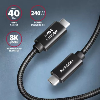 USB-C uz USB-C kabelis AXAGON BUCM4X-CM05AB — USB4 Gen 3x2, 40 Gbit/s, 240 W, 0,5 m, melns