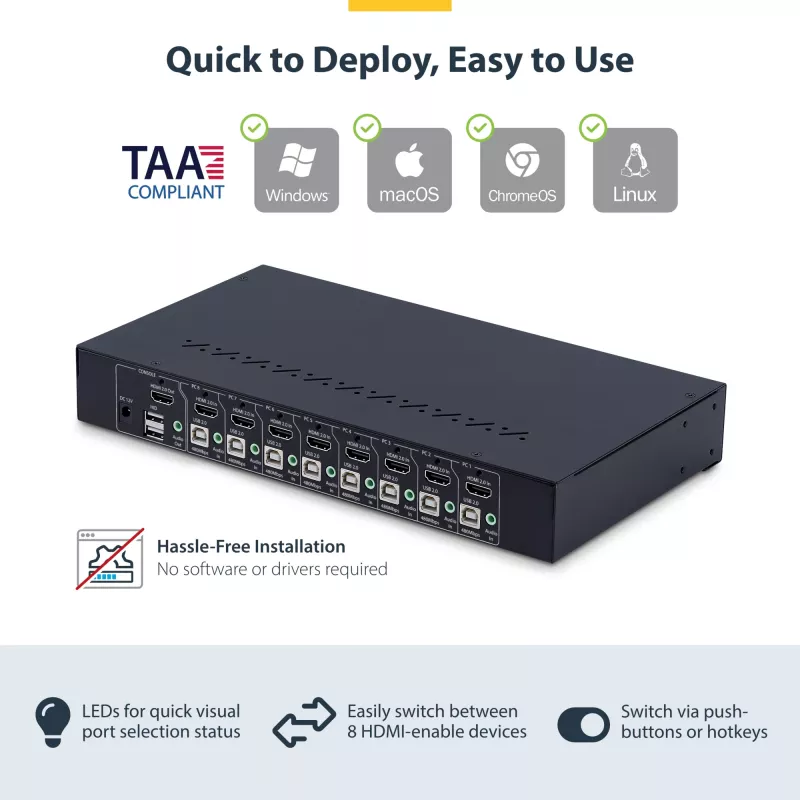 StarTech.com 8-Portu HDMI KVM Slēdzis ar 1U Rack Montāžas Komplektu, 4K 60Hz HDMI 2.0, Pogas un Karstie Taustiņi, 4-Portu USB Hubs, OS Neatkarīgs, TAA Atbilstīgs