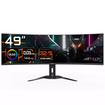 GIGABYTE AORUS CO49DQ 49 collu OLED monitors, DQHD 5120×1440, 144 Hz, HDR, FreeSync, 10-bit, 2×HDMI 2.1, USB-C, VESA 100×100