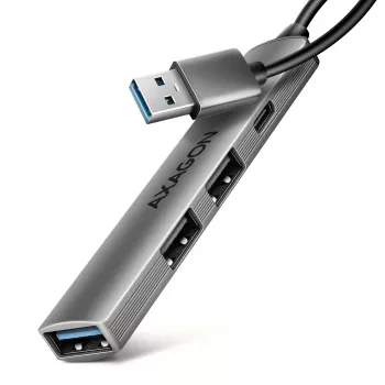 USB centrmezgls AXAGON HUE-STA — 4-portu alumīnija sloksne, 1× USB-A 5Gbps + 2× USB-A & 1× USB-C 480Mbps, USB-A savienojums, pelēks