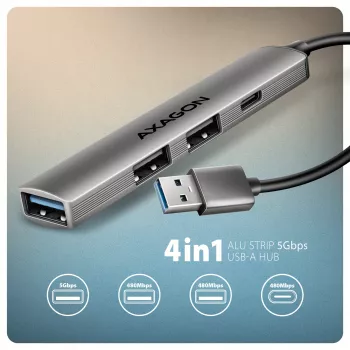 USB centrmezgls AXAGON HUE-STA — 4-portu alumīnija sloksne, 1× USB-A 5Gbps + 2× USB-A & 1× USB-C 480Mbps, USB-A savienojums, pelēks