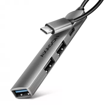USB centrmezgls AXAGON HUE-STC, 4-portu alumīnija sloksne, 1x USB-A 5Gbps + 2x USB-A & 1x USB-C 480Mbps, USB-C savienotājs, 12 cm kabelis, pelēks