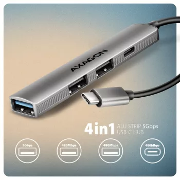 USB centrmezgls AXAGON HUE-STC, 4-portu alumīnija sloksne, 1x USB-A 5Gbps + 2x USB-A & 1x USB-C 480Mbps, USB-C savienotājs, 12 cm kabelis, pelēks