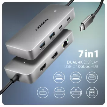 Axagon HMC-CUB83X2 USB 10Gbps centrmezgls, 2x USB-A, USB-C, HDMI un DP 4k/144Hz, RJ-45, PD 100W