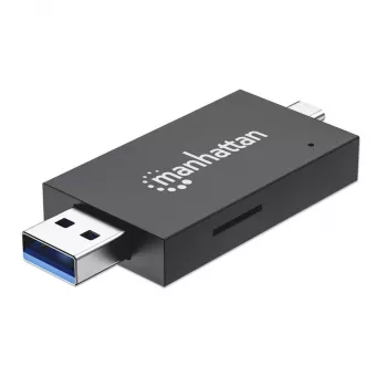 Manhattan USB-A / USB-C daudzfunkciju karšu lasītājs/rakstītājs, 5 Gbps (USB 3.2 Gen1), microSD un SD/MMC sloti, mini formāts, melns/caurspīdīgs