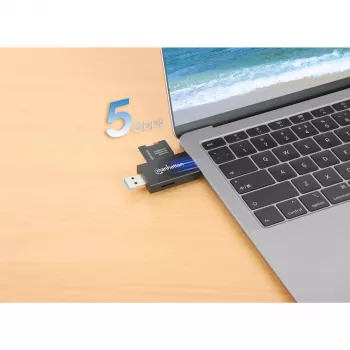 Manhattan USB-A / USB-C daudzfunkciju karšu lasītājs/rakstītājs, 5 Gbps (USB 3.2 Gen1), microSD un SD/MMC sloti, mini formāts, melns/caurspīdīgs