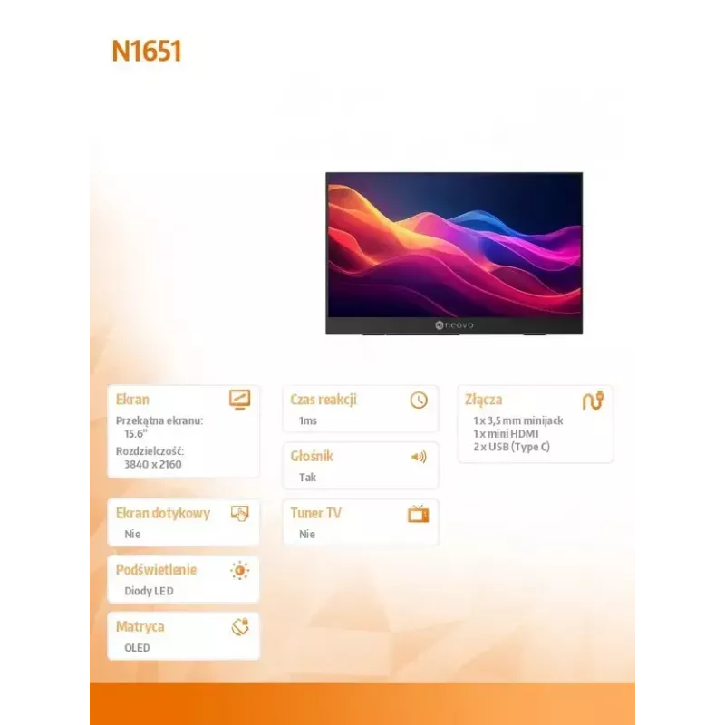 Monitoris Neovo N1651 15.6 collu OLED 4K USB-C mHDMI 400 nitu