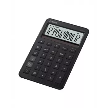 Galda kalkulators CASIO MS-200DQ — pamata, 12 cipari, baterija/saule, nodokļu un peļņas funkcijas, melns
