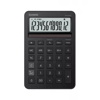 Galda kalkulators CASIO MS-200DQ — pamata, 12 cipari, baterija/saule, nodokļu un peļņas funkcijas, melns