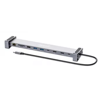 Manhattan USB-C dokstacija/kontrolieris ar karšu lasītāju un MST, 7 porti: Ethernet, HDMI (x2 4K@60Hz), USB-A (x3) un USB-C, ar Power Delivery (PD) 100W