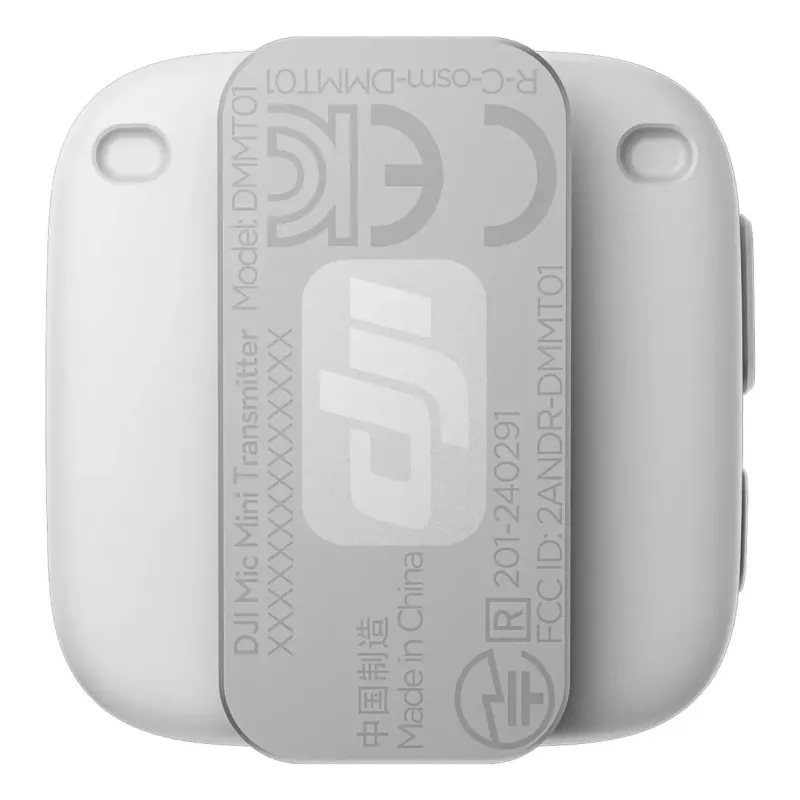 Bezvadu ķermeņa mikrofona raidītājs DJI CP.RN.00000430.01 — 100–20000 Hz, 3.87 V akumulators, līdz 11,5 h, balts, 26,1×26,6×16 mm