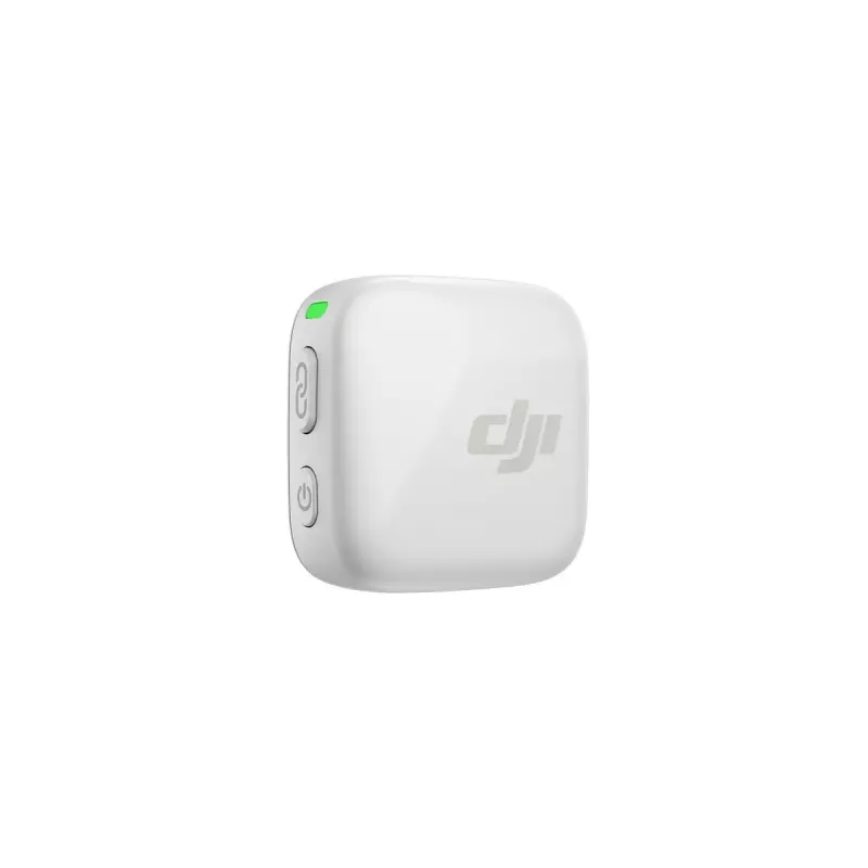 Bezvadu ķermeņa mikrofona raidītājs DJI CP.RN.00000430.01 — 100–20000 Hz, 3.87 V akumulators, līdz 11,5 h, balts, 26,1×26,6×16 mm