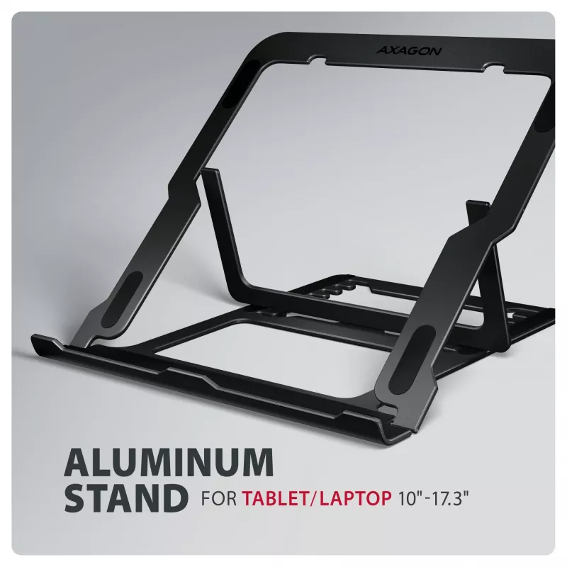 Axagon STND-LAB alumīnija statīvs klēpjdatoriem 10 inch–17.3 inch, astoņas augstuma un leņķa pozīcijas, melns