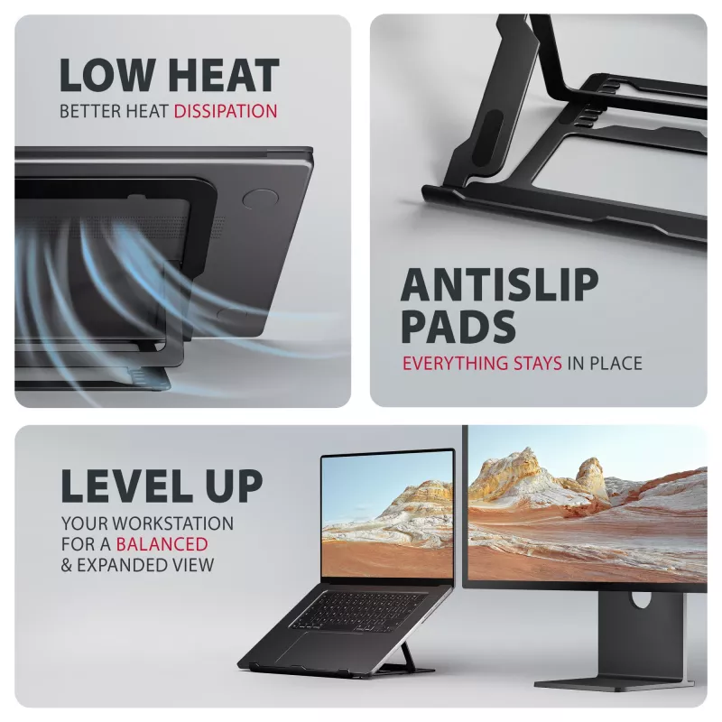 Axagon STND-LAB alumīnija statīvs klēpjdatoriem 10 inch–17.3 inch, astoņas augstuma un leņķa pozīcijas, melns