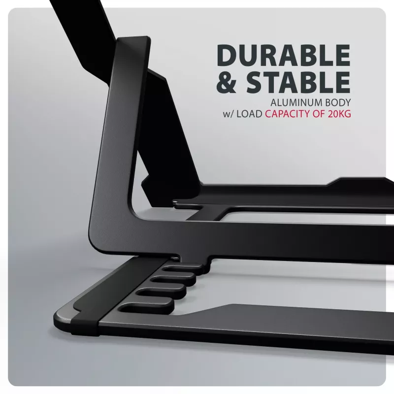 Axagon STND-LAB alumīnija statīvs klēpjdatoriem 10 inch–17.3 inch, astoņas augstuma un leņķa pozīcijas, melns