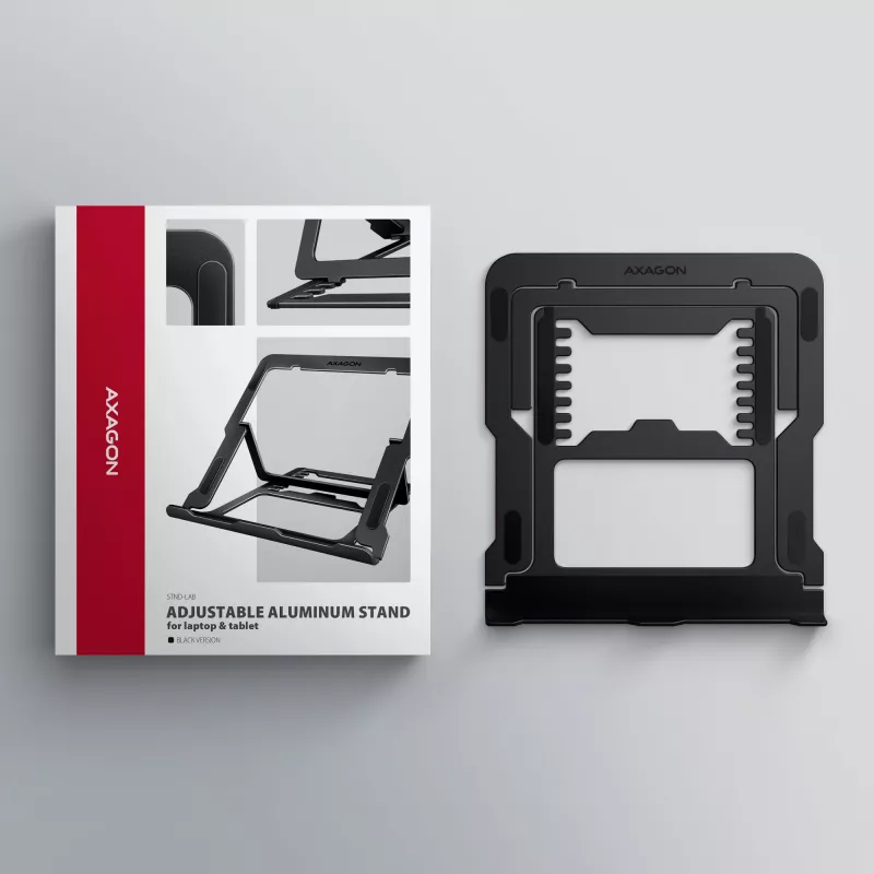 Axagon STND-LAB alumīnija statīvs klēpjdatoriem 10 inch–17.3 inch, astoņas augstuma un leņķa pozīcijas, melns