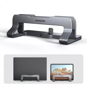 Axagon STND-VG alumīnija statīvs vertikālai laptopu novietošanai 10 inch–17,3 inch, regulējama sprauga 9,5–25,5 mm, pelēks