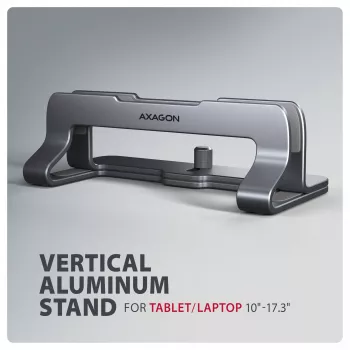 Axagon STND-VG alumīnija statīvs vertikālai laptopu novietošanai 10 inch–17,3 inch, regulējama sprauga 9,5–25,5 mm, pelēks