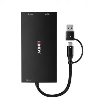 Lindy 43430 video kabeļa adapteris 0.11 m USB Type-C uz 2 x HDMI Melns