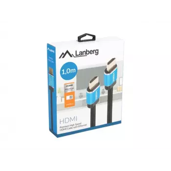 HDMI kabelis LANBERG CA-HDMI-P20CU-0010-BK 1 m, HDMI Type A vīriešu–vīriešu, HDMI 2.0, 18 Gbit/s, ARC, apzeltīti kontakti, melns/zils