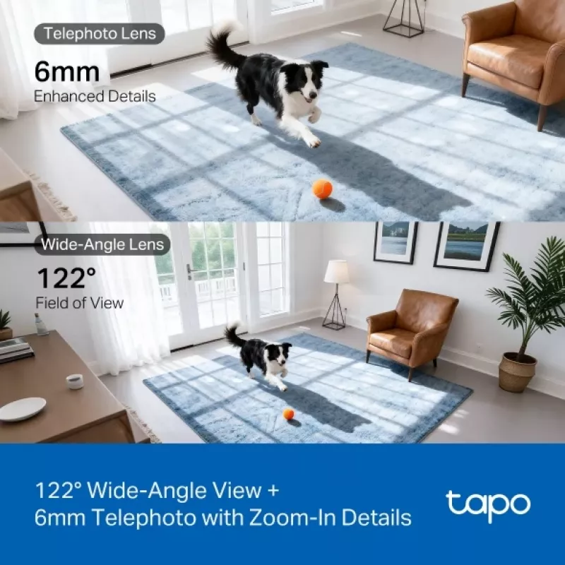 IP drošības kamera TP-Link Tapo C245D 2304×1296, 3.1 mm objektīvs, 104.3° horizontāli, griestu/sienas montāža, bezvadu, iekštelpām, balta