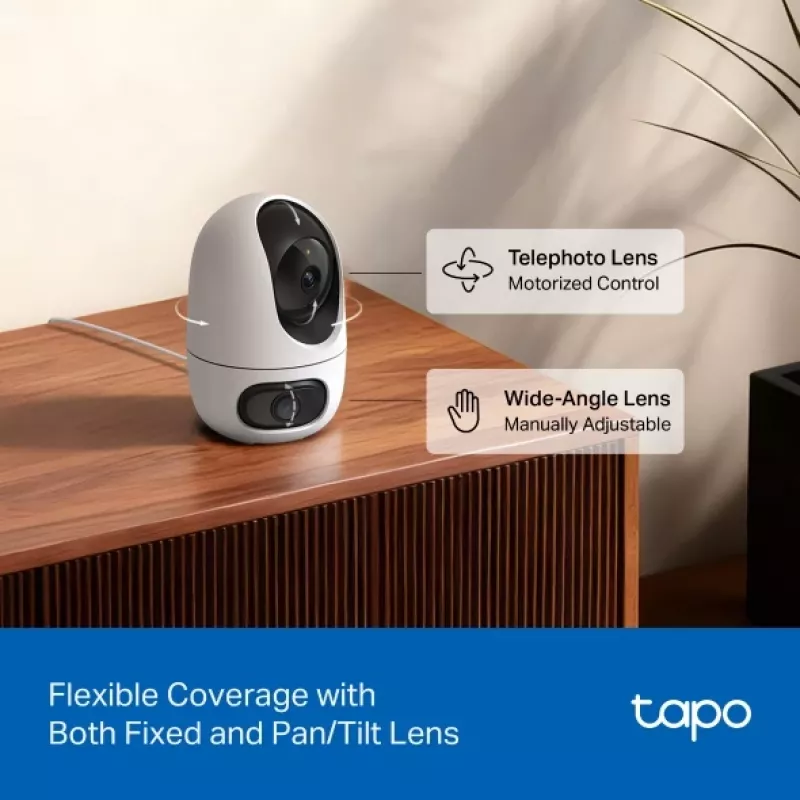 IP drošības kamera TP-Link Tapo C245D 2304×1296, 3.1 mm objektīvs, 104.3° horizontāli, griestu/sienas montāža, bezvadu, iekštelpām, balta