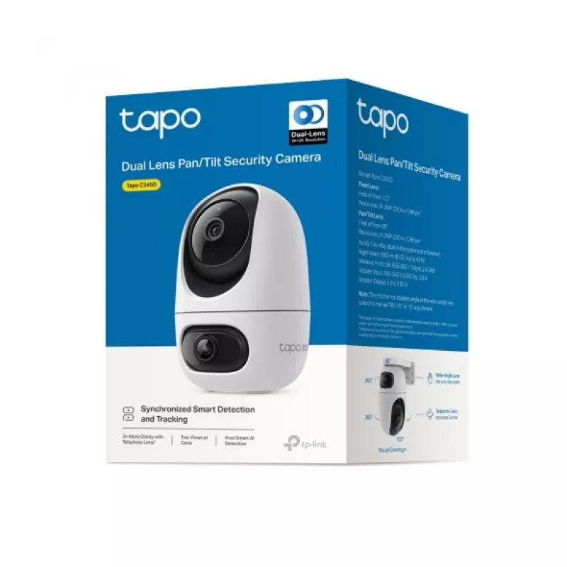 IP drošības kamera TP-Link Tapo C245D 2304×1296, 3.1 mm objektīvs, 104.3° horizontāli, griestu/sienas montāža, bezvadu, iekštelpām, balta