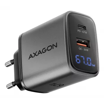Sienas lādētājs AXAGON ACU-PQ67D, 67W, USB-C PD3.0 + USB-A QC4+, 2 izejas, LCD displejs, 100–240V