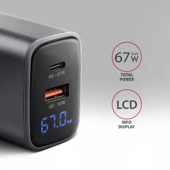 Sienas lādētājs AXAGON ACU-PQ67D, 67W, USB-C PD3.0 + USB-A QC4+, 2 izejas, LCD displejs, 100–240V