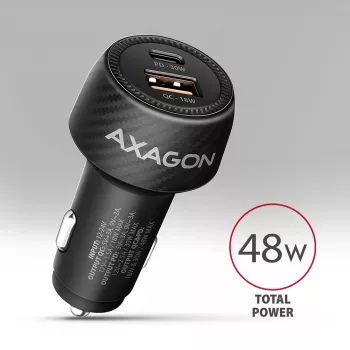 Auto lādētājs AXAGON PWC-PQ48, 48W, USB-C (PD3.0) + USB-A (QC4+), ieeja 12–24V, melns