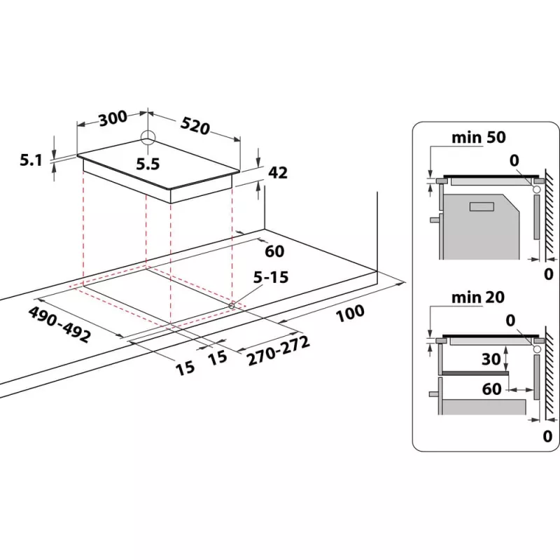 Whirlpool WRD 6030 B Melna Iebūvējama 30 cm Keramikas Plīts 2 zonas