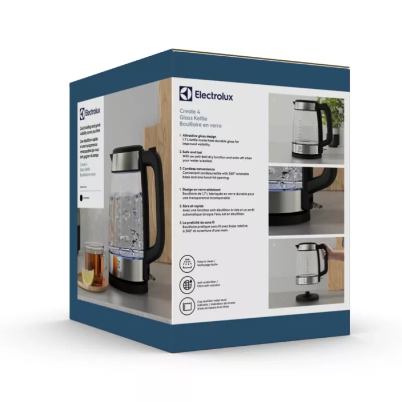 Electrolux E4GK1-4GB elektriskā tējkanna 1.7 L 2200 W Melna, Nerūsējošais tērauds, Caurspīdīga