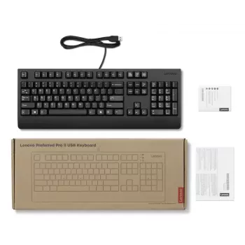 Vadu pilnizmēra USB tastatūra Lenovo 4Y41R64588 — ASV angļu, 104 taustiņi, plungera slēdzis, 2 m kabelis, Melna