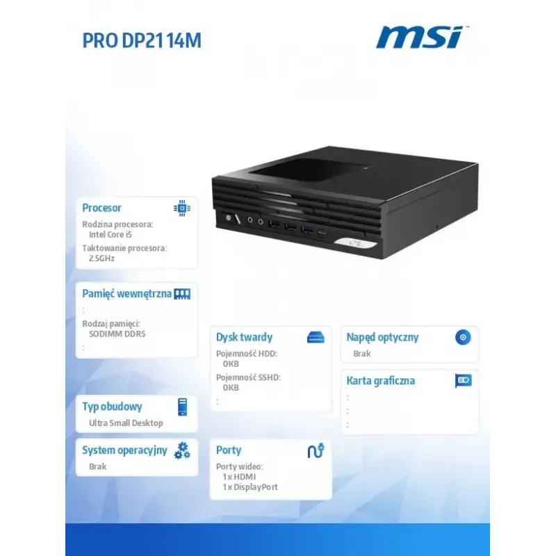 Galddators MSI PRO DP21 14M-243BEU — Intel Core i5-14400, Wi‑Fi, Bluetooth, Melns