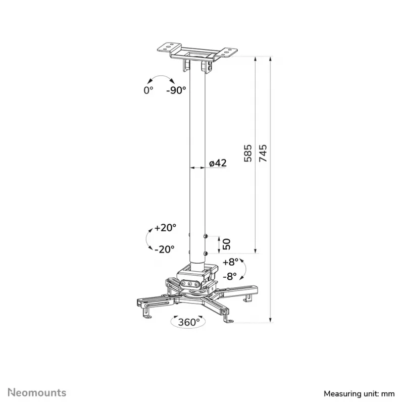 Neomounts CL25-550WH1 Griestu projektora stiprinājums - augstums 74,5-114,5 cm - viegla uzstādīšana - pilna kustība