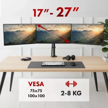 Monitoru statīvs MACLEAN MC-137 — gāzes atspere, 3 monitoriem 17 inch–27 inch, 2–8 kg katram, melns