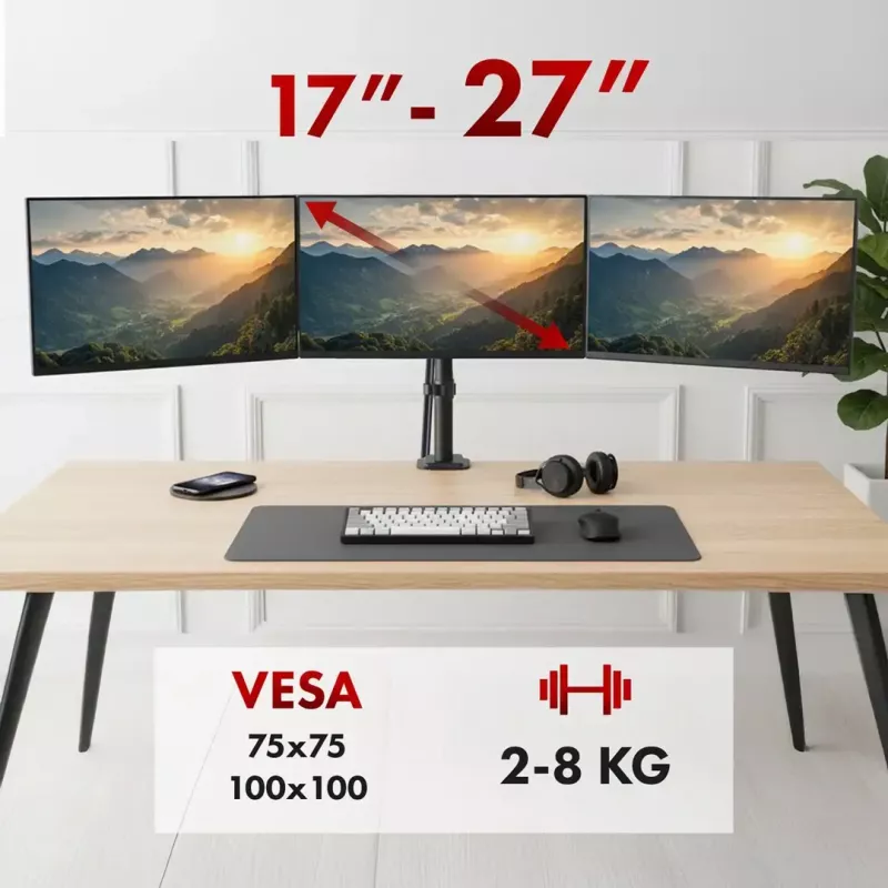 Monitoru statīvs MACLEAN MC-137 — gāzes atspere, 3 monitoriem 17 inch–27 inch, 2–8 kg katram, melns