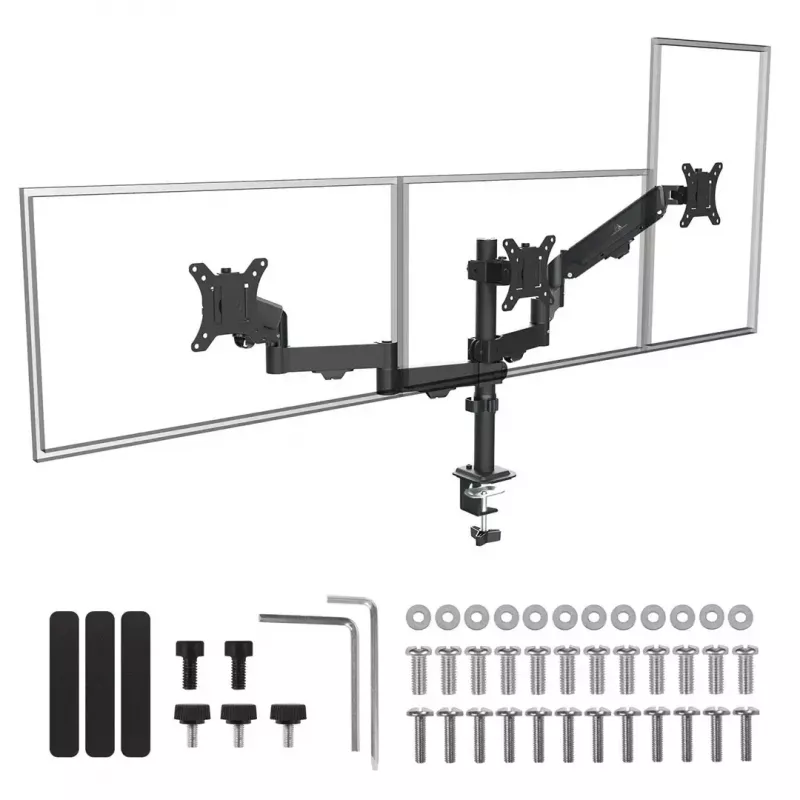 Monitoru statīvs MACLEAN MC-137 — gāzes atspere, 3 monitoriem 17 inch–27 inch, 2–8 kg katram, melns