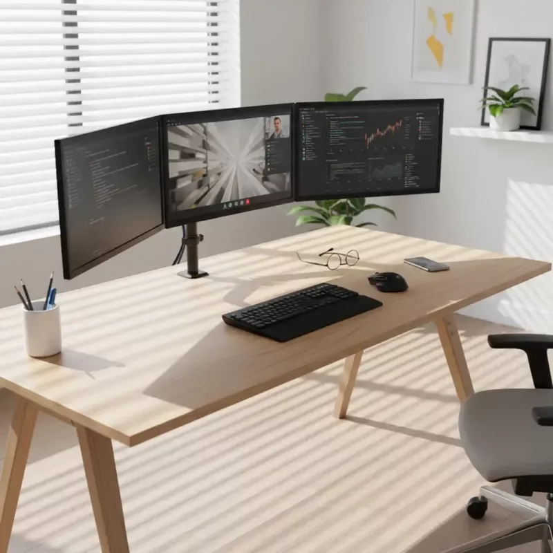 Monitoru statīvs MACLEAN MC-137 — gāzes atspere, 3 monitoriem 17 inch–27 inch, 2–8 kg katram, melns