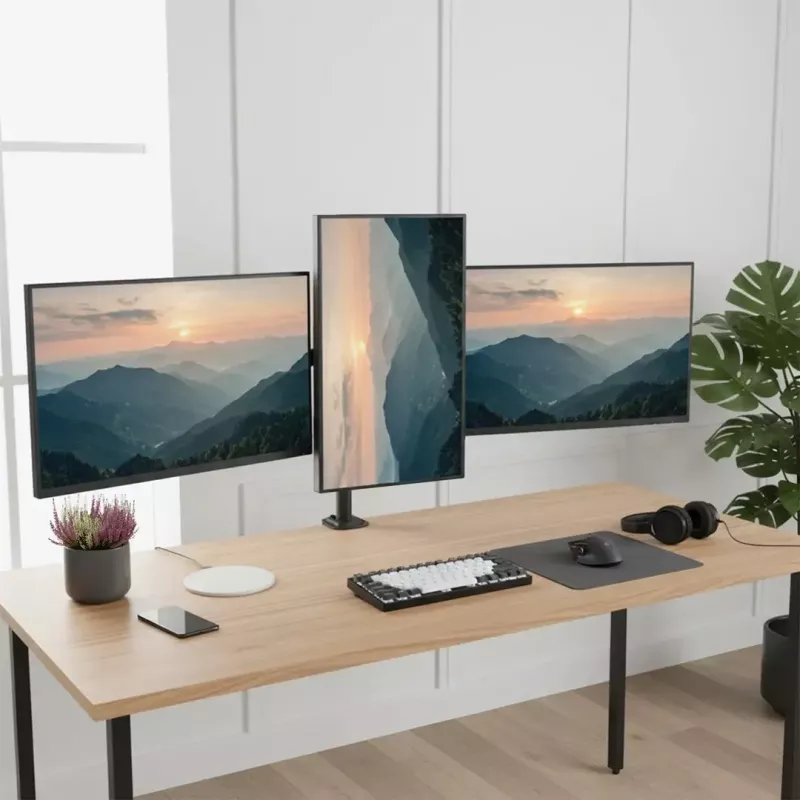 Monitoru statīvs MACLEAN MC-137 — gāzes atspere, 3 monitoriem 17 inch–27 inch, 2–8 kg katram, melns