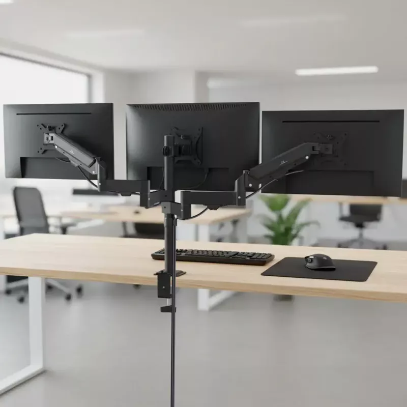 Monitoru statīvs MACLEAN MC-137 — gāzes atspere, 3 monitoriem 17 inch–27 inch, 2–8 kg katram, melns