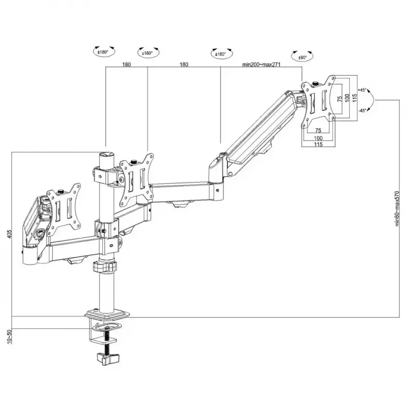 Monitoru statīvs MACLEAN MC-137 — gāzes atspere, 3 monitoriem 17 inch–27 inch, 2–8 kg katram, melns