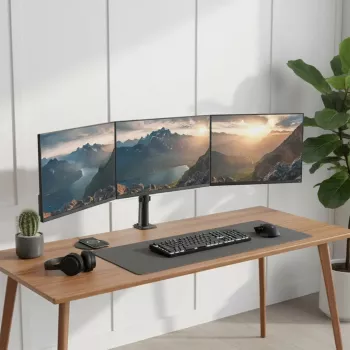 Monitoru statīvs MACLEAN MC-137 — gāzes atspere, 3 monitoriem 17 inch–27 inch, 2–8 kg katram, melns