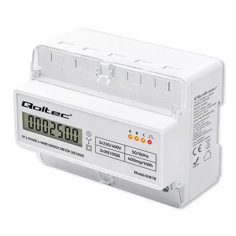 Trīsfāžu DIN sliedes enerģijas skaitītājs QOLTEC 50978 — 400V, 100A