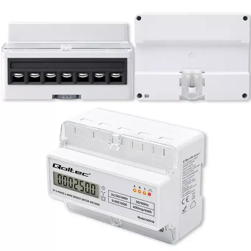 Trīsfāžu DIN sliedes enerģijas skaitītājs QOLTEC 50978 — 400V, 100A