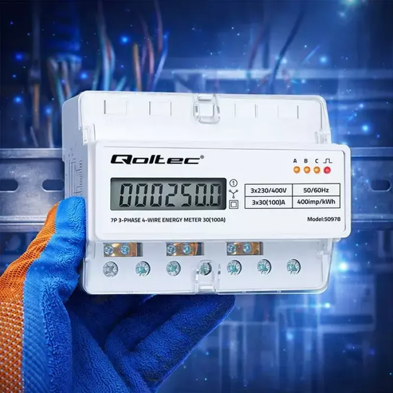 Trīsfāžu DIN sliedes enerģijas skaitītājs QOLTEC 50978 — 400V, 100A