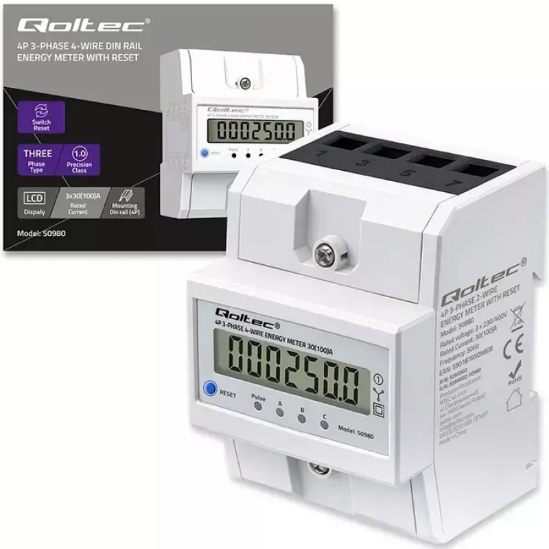 Trīsfāžu enerģijas skaitītājs QOLTEC 50980 — 400 V, 100 A ar atiestati